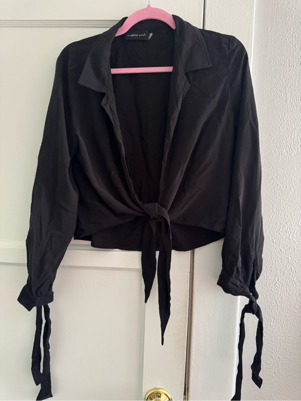 Tie-Front Long Sleeve Cardigan Blouse - Black